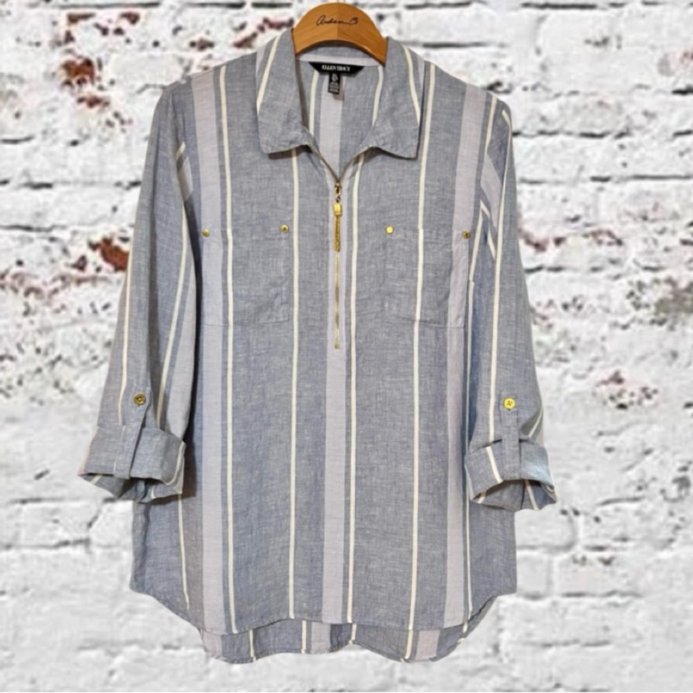 Ellen Tracy 100% Linen Blue White Stripe Top Roll Tab Sleeves Gold Zipper Sz Lg